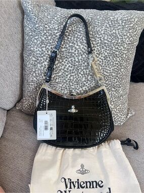Vivienne Westwood Authentic Black Croc-Embossed Leather Frame Shoulder Bag